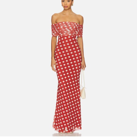 AFRM Revolve Mccall Dress In Rust Dot Off Shoulder Maxi Womens XS NWT - Picture 1 of 6